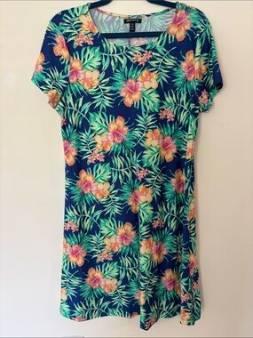 Allison Brittney Navy Floral Tropical Short-Sleeve Midi Dress